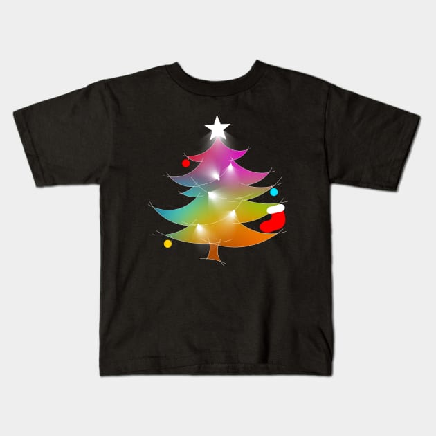 Colorful Rainbow Christmas Tree With Bright Christmas Lights Kids T-Shirt by Artstastic